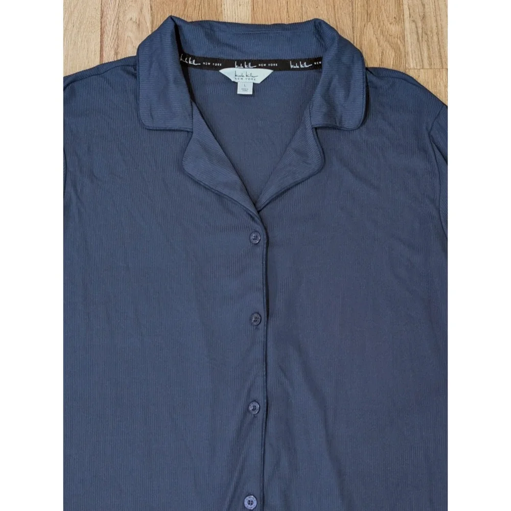 Nicole Miller Button Down Night Shirt Dress Pajamas Womens L Naval Blue NEW NWT